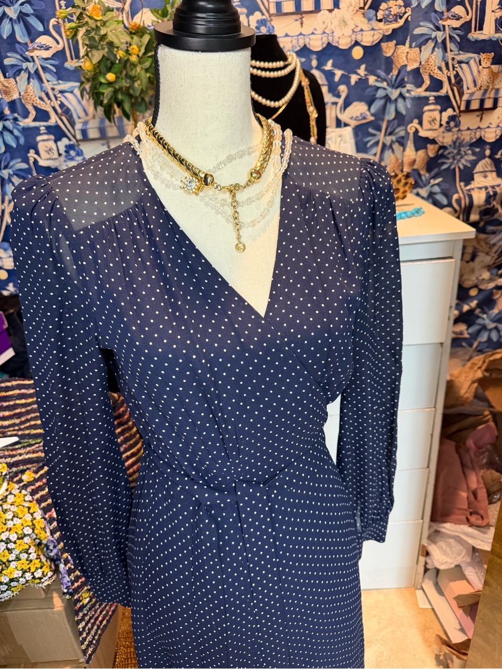 Reformation Wrap Dress Navy w polka dots Size M - Picture 4 of 11